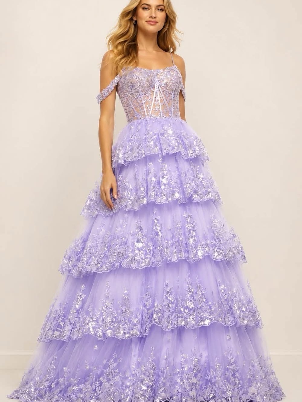 Sherri Hill Lavender Tiered Floral Ball Gown